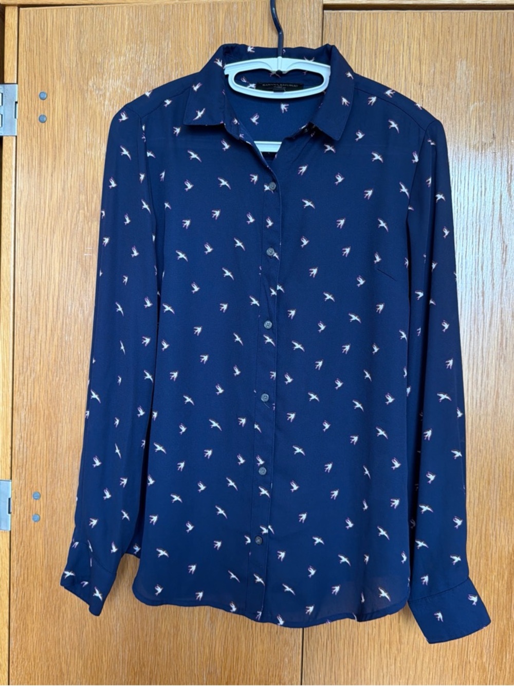 Banana Republic Navy Blouse with Pink Bird Motif